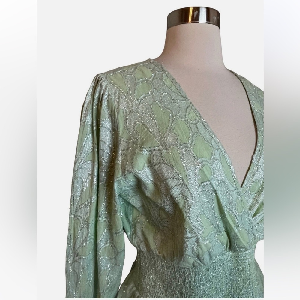 $118 Roller Rabbit Top Mint Green Metallic Jacquard V Neck Long Sleeve S - Picture 6 of 8
